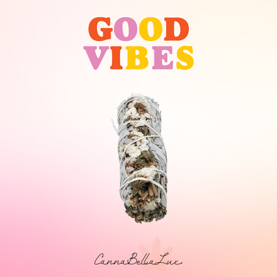 Good Vibes Sage Stick: White w/ Dried White Flowers - Canna Bella Lux