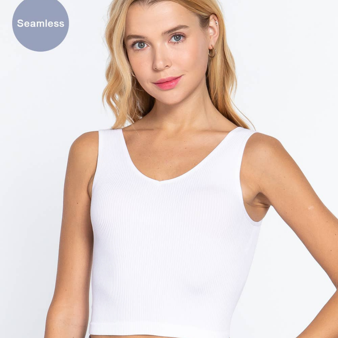 White Ribbed Reversible Crop Top - Canna Bella Lux